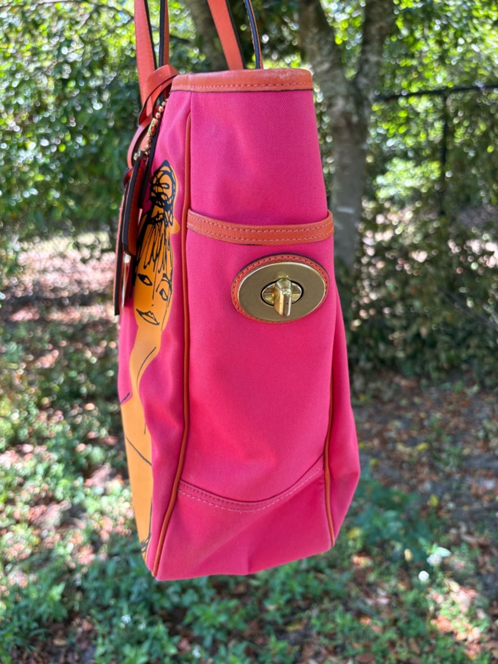 Coach Pink and Orange Graphic Canvas Tote - Picture 5 of 11